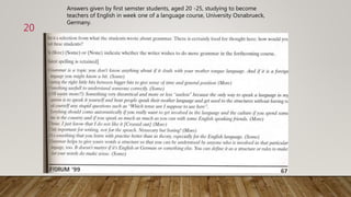 Answers given by first semster students, aged 20 -25, studying to become
teachers of English in week one of a language course, University Osnabrueck,
Germany.
20
 