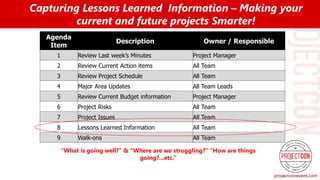 Agenda
Item
Description Owner / Responsible
1 Review Last week’s Minutes Project Manager
2 Review Current Action items All Team
3 Review Project Schedule All Team
4 Major Area Updates All Team Leads
5 Review Current Budget information Project Manager
6 Project Risks All Team
7 Project Issues All Team
8 Lessons Learned Information All Team
9 Walk-ons All Team
“What is going well?” & “Where are we struggling?” “How are things
going?...etc.”
Capturing Lessons Learned Information – Making your
current and future projects Smarter!
 