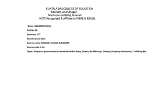 KUNTALA DAS COLLEGE OF EDUCATION
Basukati, Anandnagar.
Nischinanda (Bally), Howrah
NCTE Recognized & Affiliate to WBPE & BSAEU.
Name :SAGARIKA SAHA.
Roll No:20
Semester :4TH
Session:2021-2023
Course name :GENDER, SCHOOL & SOCIETY.
Course code:1.4.6
Topic:- Prepare a presentation on Laws Related to Rape ,Dowry, Re-Marriage, Divorce, Property Inheritance , Traffiking Etc.
 