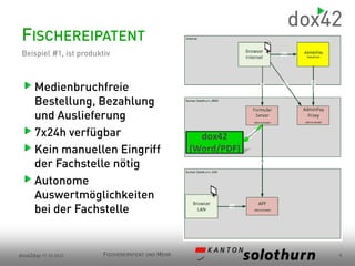 FISCHEREIPATENT
Beispiel #1, ist produktiv

Medienbruchfreie
Bestellung, Bezahlung
und Auslieferung
7x24h verfügbar
Kein manuellen Eingriff
der Fachstelle nötig
Autonome
Auswertmöglichkeiten
bei der Fachstelle

dox42day 17.10.2013

FISCHEREIPATENT UND MEHR

4

 