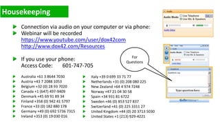 Connection via audio on your computer or via phone:
Webinar will be recorded
https://www.youtube.com/user/dox42com
http://www.dox42.com/Resources
If you use your phone:
Access Code: 601-747-705
For
Questions
Italy +39 0 699 33 71 77
Netherlands +31 (0) 208 080 225
New Zealand +64 4 974 7248
Norway +47 21 04 30 58
Spain +34 931 81 6722
Sweden +46 (0) 853 527 837
Switzerland +41 (0) 225 3311 27
United Kingdom +44 (0) 20 3713 5030
United States +1 (213) 929-4221
Australia +61 3 8644 7030
Austria +43 7 2088 1053
Belgium +32 (0) 28 93 7020
Canada +1 (647) 497-9409
Denmark +45 69 91 89 34
Finland +358 (0) 942 41 5797
France +33 (0) 182 880 178
Germany +49 (0) 692 5736 7315
Ireland +353 (0) 19 030 016
 