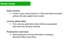 Sales invoice
Create a sales invoice based on a Microsoft Word template
without AX code update from scratch
License plate label
Print a license plate label where fields are populated
with data from AX data methods
Production overview
Show production costing information including a
Microsoft Office Excel Chart
 
