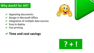Appealing documents
Design in Microsoft Office
Integration of multiple data sources
Easy to deploy
Fast printing
Time and cost savings
 