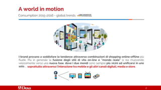 I brand provano a soddisfare le tendenze attraverso combinazioni di shopping online-offline più
fluide. Più in generale la fusione degli stili di vita on-line e "mondo reale" si sta muovendo
velocemente verso una nuova fase, dove i due mondi sono sempre più vicini ad unificarsi in uno
solo….
A world in motion
Consumption 2015-2016 - global trends
soprattutto attraverso l’interazione tra mobile e gli altri canali digitali, media e store.
2
 