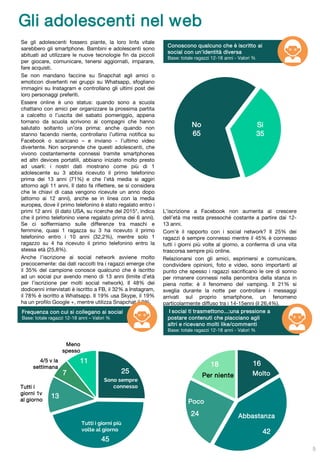 Se gli adolescenti fossero piante, la loro linfa vitale
sarebbero gli smartphone. Bambini e adolescenti sono
abituati ad utilizzare le nuove tecnologie fin da piccoli
per giocare, comunicare, tenersi aggiornati, imparare,
fare acquisti.
Se non mandano faccine su Snapchat agli amici o
emoticon divertenti nei gruppi su Whatsapp, sfogliano
immagini su Instagram e controllano gli ultimi post dei
loro personaggi preferiti.
Essere online è uno status: quando sono a scuola
chattano con amici per organizzare la prossima partita
a calcetto o l’uscita del sabato pomeriggio, appena
tornano da scuola scrivono ai compagni che hanno
salutato soltanto un’ora prima: anche quando non
stanno facendo niente, controllano l’ultima notifica su
Facebook o scaricano – e inviano - l’ultimo video
divertente. Non sorprende che questi adolescenti, che
vivono costantemente connessi tramite smartphones
ed altri devices portatili, abbiano iniziato molto presto
ad usarli: i nostri dati mostrano come più di 1
adolescente su 3 abbia ricevuto il primo telefonino
prima dei 13 anni (71%) e che l’età media si aggiri
attorno agli 11 anni. Il dato fa riflettere, se si considera
che le chiavi di casa vengono ricevute un anno dopo
(attorno ai 12 anni), anche se in linea con la media
europea, dove il primo telefonino è stato regalato entro i
primi 12 anni (il dato USA, su ricerche del 2015*, indica
che il primo telefonino viene regalato prima dei 6 anni).
Se ci soffermiamo sulle differenze tra maschi e
femmine, quasi 1 ragazza su 3 ha ricevuto il primo
telefonino entro i 10 anni (32,2%), mentre solo 1
ragazzo su 4 ha ricevuto il primo telefonino entro la
stessa età (25,8%).
Anche l’iscrizione ai social network avviene molto
precocemente: dai dati raccolti tra i ragazzi emerge che
il 35% del campione conosce qualcuno che è iscritto
ad un social pur avendo meno di 13 anni (limite d’età
per l’iscrizione per molti social network). Il 48% dei
dodicenni intervistati è iscritto a FB, il 32% a Instagram,
il 78% è iscritto a Whatsapp. Il 19% usa Skype, il 19%
ha un profilo Google +, mentre utilizza Snapchat il 9%.
L’iscrizione a Facebook non aumenta al crescere
dell’età ma resta pressoché costante a partire dai 12-
13 anni.
Com’è il rapporto con i social network? Il 25% dei
ragazzi è sempre connesso mentre il 45% è connesso
tutti i giorni più volte al giorno, a conferma di una vita
trascorsa sempre più online.
Relazionarsi con gli amici, esprimersi e comunicare,
condividere opinioni, foto e video, sono importanti al
punto che spesso i ragazzi sacrificano le ore di sonno
per rimanere connessi nella penombra della stanza in
piena notte: è il fenomeno del vamping. Il 21% si
sveglia durante la notte per controllare i messaggi
arrivati sul proprio smartphone, un fenomeno
particolarmente diffuso tra i 14-15enni (il 26,4%).
Gli adolescenti nel web
5
Conoscono qualcuno che è iscritto ai
social con un'identità diversa
Base: totale ragazzi 12-18 anni - Valori %
Si
35
No
65
25
45
13
7
11
Sono sempre
connesso
Tutti i giorni più
volte al giorno
Tutti i
giorni 1v
al giorno
4/5 v la
settimana
Meno
spesso
Frequenza con cui si collegano ai social
Base: totale ragazzi 12-18 anni – Valori %
16
42
24
18
Molto
Abbastanza
Poco
Per niente
I social ti trasmettono...:una pressione a
postare contenuti che piacciano agli
altri e ricevano molti like/commenti
Base: totale ragazzi 12-18 anni - Valori %
 