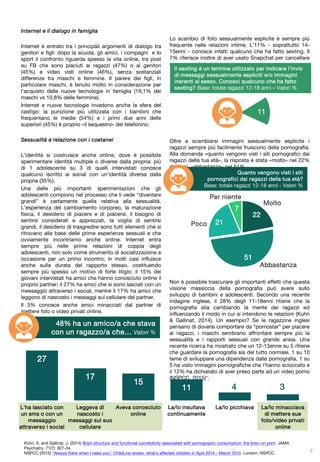 Internet e il dialogo in famiglia
Internet è entrato tra i principali argomenti di dialogo tra
genitori e figli: dopo la scuola, gli amici, i compagni e lo
sport il confronto riguarda spesso la vita online, tra post
su FB che sono piaciuti ai ragazzi (47%) o ai genitori
(45%) e video visti online (46%), senza sostanziali
differenze tra maschi e femmine. Il parere dei figli, in
particolare maschi, è tenuto molto in considerazione per
l’acquisto delle nuove tecnologie in famiglia (19,1% dei
maschi vs 10,8% delle femmine).
Internet e nuove tecnologie invadono anche la sfera del
castigo: la punizione più utilizzata con i bambini che
frequentano le medie (54%) e i primi due anni delle
superiori (45%) è proprio «il sequestro» del telefonino.
Sessualità e relazione con i coetanei
L’identità si costruisce anche online, dove è possibile
sperimentare identità multiple o diverse dalla propria: più
di 1 adolescente su 3 di quelli intervistati conosce
qualcuno iscritto ai social con un’identità diversa dalla
propria (35%).
Una delle più importanti sperimentazioni che gli
adolescenti compiono nel processo che li vede “diventare
grandi” è certamente quella relativa alla sessualità.
L’esperienza del cambiamento corporeo, la maturazione
fisica, il desiderio di piacere e di piacersi, il bisogno di
sentirsi considerati e apprezzati, la voglia di sentirsi
grandi, il desiderio di trasgredire sono tutti elementi che si
ritrovano alla base delle prime esperienze sessuali e che
ovviamente incontriamo anche online. Internet entra
sempre più nelle prime relazioni di coppia degli
adolescenti, non solo come strumento di socializzazione e
occasione per un primo incontro; in molti casi influisce
anche sulla durata del rapporto stesso, costituendo
sempre più spesso un motivo di forte litigio: il 15% dei
giovani intervistati ha amici che hanno conosciuto online il
proprio partner; il 27% ha amici che si sono lasciati con un
messaggio attraverso i social, mentre il 17% ha amici che
leggono di nascosto i messaggi sul cellulare del partner.
Il 3% conosce anche amici minacciati dal partner di
mettere foto o video privati online.
Lo scambio di foto sessualmente esplicite è sempre più
frequente nelle relazioni intime. L’11% - soprattutto 14-
15enni - conosce infatti qualcuno che ha fatto sexting. Il
7% riferisce inoltre di aver usato Snapchat per cancellare
un messaggio inviato.
Oltre a scambiarsi immagini sessualmente esplicite i
ragazzi sempre più facilmente fruiscono della pornografia.
Alla domanda «quanto vengono visti i siti pornografici dai
ragazzi della tua età», la risposta è stata «molto» nel 22%
dei casi, «abbastanza» nel 51%.
Non è possibile trascurare gli importanti effetti che questa
visione massiccia della pornografia può avere sullo
sviluppo di bambini e adolescenti. Secondo una recente
indagine inglese, il 28% degli 11-18enni ritiene che la
pornografia stia cambiando la mente dei ragazzi ed
influenzando il modo in cui si intendono le relazioni (Kuhn
& Gallinat, 2014). Un esempio? Se le ragazzine inglesi
pensano di doversi comportare da “pornostar” per piacere
ai ragazzi, i maschi sembrano affrontare sempre più la
sessualità e i rapporti sessuali con grande ansia. Una
recente ricerca ha mostrato che un 12-13enne su 5 ritiene
che guardare la pornografia sia del tutto normale, 1 su 10
teme di sviluppare una dipendenza dalla pornografia, 1 su
5 ha visto immagini pornografiche che l’hanno scioccato e
il 12% ha dichiarato di aver preso parte ad un video porno
(NSPCC, 2015)*.
7
48% ha un amico/a che stava
con un ragazzo/a che… Valori %
27
17
15
11 4 3
L'ha lasciato con
un sms o con un
messaggio
attraverso i social
Leggeva di
nascosto i
messaggi sul suo
cellulare
Aveva conosciuto
online
La/lo insultava
continuamente
La/lo picchiava La/lo minacciava
di mettere sue
foto/video privati
online
22
51
21
7
Quanto vengono visti i siti
pornografici dai ragazzi della tua età?
Base: totale ragazzi 12-18 anni - Valori %
Molto
Abbastanza
Poco
Per niente
Il sexting è un termine utilizzato per indicare l'invio
di messaggi sessualmente espliciti e/o immagini
inerenti al sesso. Conosci qualcuno che ha fatto
sexting? Base: totale ragazzi 12-18 anni – Valori %
11
Kühn, S. and Gallinat, J. (2014) Brain structure and functional connectivity associated with pornography consumption: the brain on porn. JAMA
Psychiatry, 71(7): 827-34.
NSPCC (2015) "Always there when I need you": ChildLine review: what's affected children in April 2014 - March 2015. London: NSPCC.
 