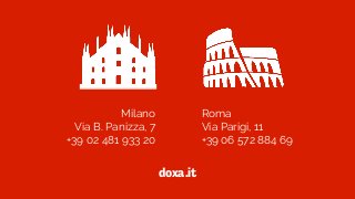 Milano 
Via B. Panizza, 7  
+39 02 481 933 20
Roma 
Via Parigi, 11  
+39 06 572 884 69
doxa.it
 