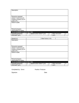 Description
Person(s) exposed
(detail if cast/crew (C),
outside company (O) or
public (P) )
Action to take
Person/company
responsible for action
To be completed at agreed later date
Exposed person(s)
informed? (y/n)
Y Agreed action taken? (y/n) y Risk removed?
(y/n)
y
Hazard no: Risk Factor (1-5):
Description
Person(s) exposed
(detail if cast/crew (C),
outside company (O) or
public (P) )
Action to take
Person/company
responsible for action
To be completed at agreed later date
Exposed person(s)
informed? (y/n)
y Agreed action taken? (y/n) y Risk removed?
(y/n)
Y
Completed by: Erinm Position: Producer
Signature Date:
 