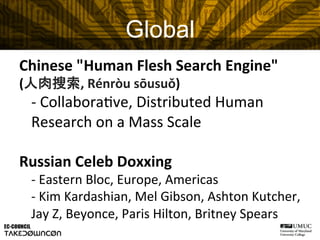 Chinese	
  "Human	
  Flesh	
  Search	
  Engine"	
  	
  
(人肉搜索,	
  Rénròu	
  sōusuǒ)	
  
	
  -­‐	
  CollaboraCve,	
  Distri...