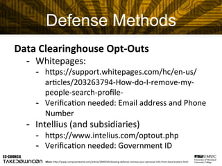 Data	
  Clearinghouse	
  Opt-­‐Outs	
  
-  Whitepages:	
  
-  hfps://support.whitepages.com/hc/en-­‐us/
arCcles/203263794-...