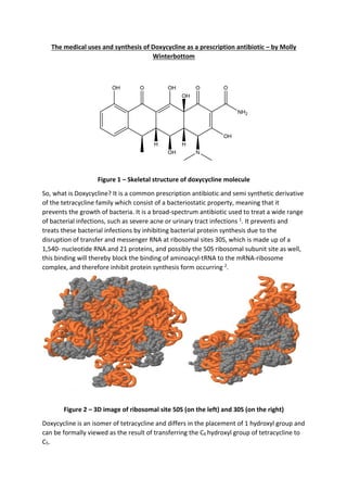 The medical uses and synthesis of Doxycycline as a prescription antibiotic – by Molly
Winterbottom
Figure 1 – Skeletal structure of doxycycline molecule
So, what is Doxycycline? It is a common prescription antibiotic and semi synthetic derivative
of the tetracycline family which consist of a bacteriostatic property, meaning that it
prevents the growth of bacteria. It is a broad-spectrum antibiotic used to treat a wide range
of bacterial infections, such as severe acne or urinary tract infections 1
. It prevents and
treats these bacterial infections by inhibiting bacterial protein synthesis due to the
disruption of transfer and messenger RNA at ribosomal sites 30S, which is made up of a
1,540- nucleotide RNA and 21 proteins, and possibly the 50S ribosomal subunit site as well,
this binding will thereby block the binding of aminoacyl-tRNA to the mRNA-ribosome
complex, and therefore inhibit protein synthesis form occurring 2
.
Figure 2 – 3D image of ribosomal site 50S (on the left) and 30S (on the right)
Doxycycline is an isomer of tetracycline and differs in the placement of 1 hydroxyl group and
can be formally viewed as the result of transferring the C6 hydroxyl group of tetracycline to
C5.
 