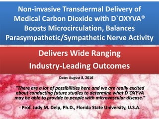 Non-invasive Transdermal Delivery of
Medical Carbon Dioxide with D`OXYVA®
Boosts Microcirculation, Balances
Parasympathetic/Sympathetic Nerve Activity
"There are a lot of possibilities here and we are really excited
about conducting future studies to determine what D`OXYVA
may be able to provide to people with microvascular disease.“
- Prof. Judy M. Delp, Ph.D., Florida State University, U.S.A.
Delivers Wide Ranging
Industry-Leading Outcomes
Date: August 8, 2016
 