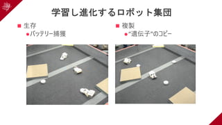 学習し進化するロボット集団
n ⽣存
lバッテリー捕獲
n 複製
l“遺伝⼦”のコピー
 