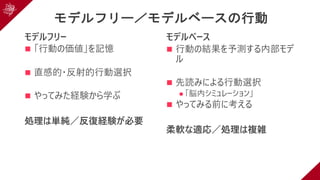 モデルフリー／モデルベースの行動
モデルフリー
n 「⾏動の価値」を記憶
n 直感的・反射的⾏動選択
n やってみた経験から学ぶ
処理は単純／反復経験が必要
モデルベース
n ⾏動の結果を予測する内部モデ
ル
n 先読みによる⾏動選択
l 「脳内シミュレーション」
n やってみる前に考える
柔軟な適応／処理は複雑
 
