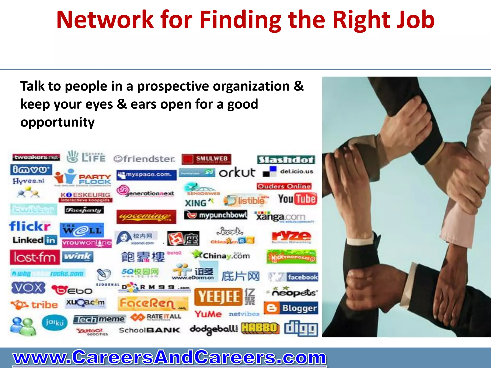 Network for Finding the Right Job

Talk to people in a prospective organization &
keep your eyes & ears open for a good
opportunity
 