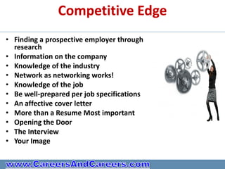 Competitive Edge
• Finding a prospective employer through
  research
• Information on the company
• Knowledge of the industry
• Network as networking works!
• Knowledge of the job
• Be well-prepared per job specifications
• An affective cover letter
• More than a Resume Most important
• Opening the Door
• The Interview
• Your Image
 