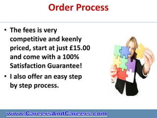 Order Process

• The fees is very
  competitive and keenly
  priced, start at just £15.00
  and come with a 100%
  Satisfaction Guarantee!
• I also offer an easy step
  by step process.
 