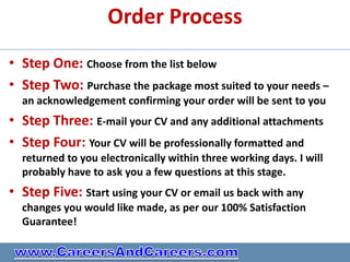 Order Process
• Step One: Choose from the list below
• Step Two: Purchase the package most suited to your needs –
  an acknowledgement confirming your order will be sent to you
• Step Three: E-mail your CV and any additional attachments
• Step Four: Your CV will be professionally formatted and
  returned to you electronically within three working days. I will
  probably have to ask you a few questions at this stage.
• Step Five: Start using your CV or email us back with any
  changes you would like made, as per our 100% Satisfaction
  Guarantee!
 