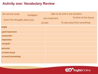 Activity one: Vocabulary Review
Member of a nationut
good impression
resourceful
imperative
energetic
personal
to think ahead
to avoid (something)
Do not tire easily intelligent
One’s first thoughts about you
very important
private
To think of the future
Able to do well in any situation
To stay away from something
bright
 