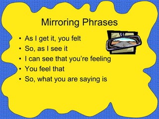 Mirroring Phrases
•   As I get it, you felt
•   So, as I see it
•   I can see that you’re feeling
•   You feel that
•   So, what you are saying is
 