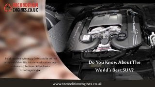 www.reconditionengines.co.uk
Do You Know About The
World’s Best SUV?
Theall newBentley Bentayga2016couldbedefined
asthe world’sbestSUV.It is themostluxurious,most
exclusiveandthefastestSUVwith twin-
turbochargedengine.
 