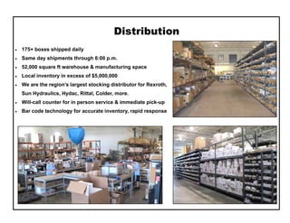 Distribution
 175+ boxes shipped daily
 Same day shipments through 6:00 p.m.
 52,000 square ft warehouse & manufacturing space
 Local inventory in excess of $5,000,000
 We are the region’s largest stocking distributor for Rexroth,
Sun Hydraulics, Hydac, Rittal, Colder, more.
 Will-call counter for in person service & immediate pick-up
 Bar code technology for accurate inventory, rapid response
 