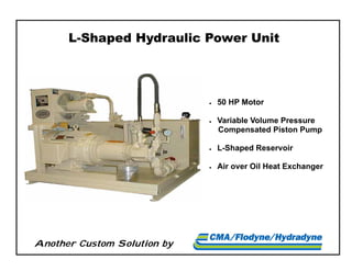 Another Custom Solution by
L-Shaped Hydraulic Power Unit
 50 HP Motor
 Variable Volume Pressure
Compensated Piston Pump
 L-Shaped Reservoir
 Air over Oil Heat Exchanger
 