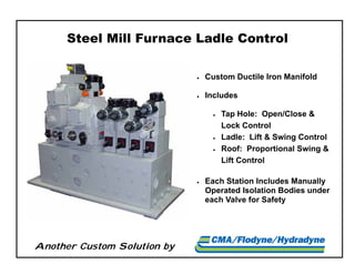 Another Custom Solution by
Steel Mill Furnace Ladle Control
 Custom Ductile Iron Manifold
 Includes
 Tap Hole: Open/Close &
Lock Control
 Ladle: Lift & Swing Control
 Roof: Proportional Swing &
Lift Control
 Each Station Includes Manually
Operated Isolation Bodies under
each Valve for Safety
 