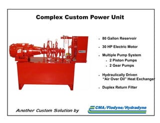 Another Custom Solution by
 80 Gallon Reservoir
 30 HP Electric Motor
 Multiple Pump System
 2 Piston Pumps
 2 Gear Pumps
 Hydraulically Driven
“Air Over Oil” Heat Exchanger
 Duplex Return Filter
Complex Custom Power Unit
 