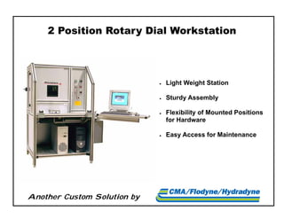 Another Custom Solution by
2 Position Rotary Dial Workstation
 Light Weight Station
 Sturdy Assembly
 Flexibility of Mounted Positions
for Hardware
 Easy Access for Maintenance
 
