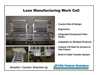 Another Custom Solution by
 Custom Size & Design
 Ergonomic
 Integrated Component Flow
Racks
 Adaptable for Multiple Products
 Custom Lift Gate for Access to
Test Fixture
 Built-in Pallet Transfer System
Lean Manufacturing Work Cell
 