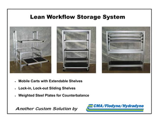 Another Custom Solution by
 Mobile Carts with Extendable Shelves
 Lock-in, Lock-out Sliding Shelves
 Weighted Steel Plates for Counterbalance
Lean Workflow Storage System
 