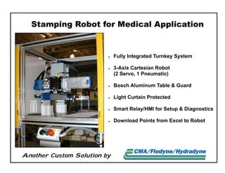 Another Custom Solution by
Stamping Robot for Medical Application
 Fully Integrated Turnkey System
 3-Axis Cartesian Robot
(2 Servo, 1 Pneumatic)
 Bosch Aluminum Table & Guard
 Light Curtain Protected
 Smart Relay/HMI for Setup & Diagnostics
 Download Points from Excel to Robot
 
