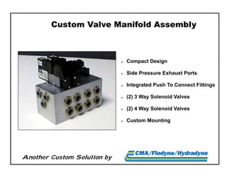 Another Custom Solution by
Custom Valve Manifold Assembly
 Compact Design
 Side Pressure Exhaust Ports
 Integrated Push To Connect Fittings
 (2) 3 Way Solenoid Valves
 (2) 4 Way Solenoid Valves
 Custom Mounting
 