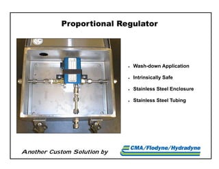 Another Custom Solution by
Proportional Regulator
 Wash-down Application
 Intrinsically Safe
 Stainless Steel Enclosure
 Stainless Steel Tubing
 