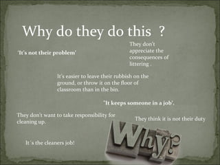 Why do they do this ?
They don’t
appreciate the
consequences of
littering .
They don't want to take responsibility for
cleaning up.
It’s easier to leave their rubbish on the
ground, or throw it on the floor of
classroom than in the bin.
”It keeps someone in a job’.
‘It’s not their problem’
They think it is not their duty
It´s the cleaners job!
 
