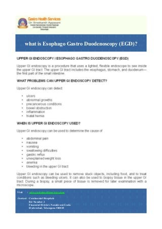 what is Esophago Gastro Duodenoscopy (EGD)?
Visit : www.gastrohealthservices.com
Contact : Continental Hospitals
Rd Number 2
Financial District, Nanakram Guda
Hyderabad, Telangana 500035
 