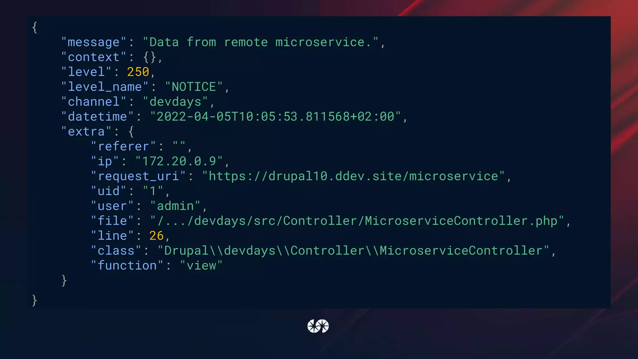 {
"message": "Data from remote microservice.",
"context": {},
"level": 250,
"level_name": "NOTICE",
"channel": "devdays",
"datetime": "2022-04-05T10:05:53.811568+02:00",
"extra": {
"referer": "",
"ip": "172.20.0.9",
"request_uri": "https://drupal10.ddev.site/microservice",
"uid": "1",
"user": "admin",
"file": "/.../devdays/src/Controller/MicroserviceController.php",
"line": 26,
"class": "DrupaldevdaysControllerMicroserviceController",
"function": "view"
}
}
 