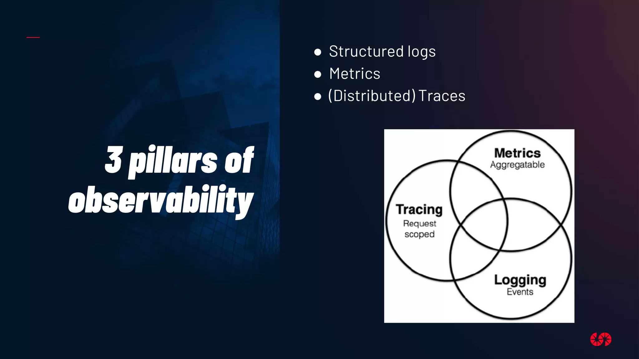 3 pillars of
observability
● Structured logs
● Metrics
● (Distributed) Traces
 