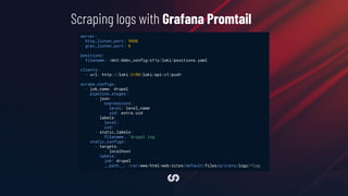 Scraping logs with Grafana Promtail
server:
http_listen_port: 9080
grpc_listen_port: 0
positions:
filename: /mnt/ddev_config/o11y/loki/positions.yaml
clients:
- url: http://loki:3100/loki/api/v1/push
scrape_configs:
- job_name: drupal
pipeline_stages:
- json:
expressions:
level: level_name
uid: extra.uid
- labels:
level:
uid:
- static_labels:
filename: 'drupal.log'
static_configs:
- targets:
- localhost
labels:
job: drupal
__path__: /var/www/html/web/sites/default/files/private/logs/*log
 