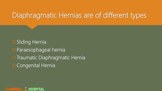 Diaphragmatic Hernias are of different types
Sliding Hernia
Paraesophageal hernia
Traumatic Diaphragmatic Hernia
Congenital Hernia
 