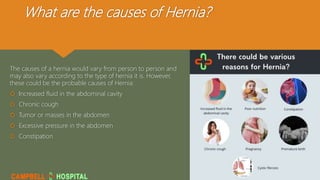 What are the causes of Hernia?
The causes of a hernia would vary from person to person and
may also vary according to the type of hernia it is. However,
these could be the probable causes of Hernia:
 Increased fluid in the abdominal cavity
 Chronic cough
 Tumor or masses in the abdomen
 Excessive pressure in the abdomen
 Constipation
 