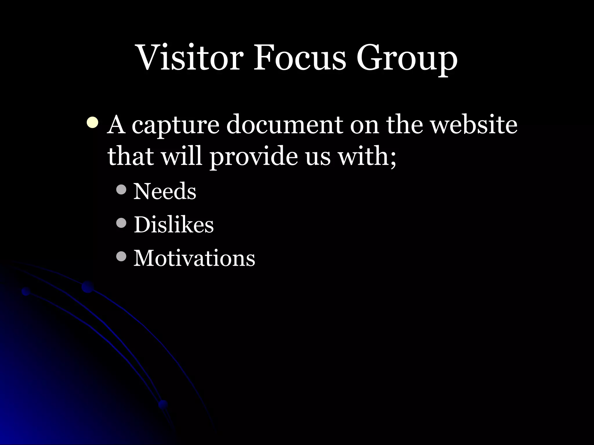 Visitor Focus Group A capture document on the website that will provide us with; Needs Dislikes Motivations 