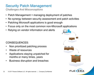 © 2017 Flexera Software LLC. All rights reserved. | Company Confidential23
Security Patch Management
Challenges And Misconceptions
• Patch Management = managing deployment of patches
• No synergy between security assessment and patch activities
• Patching Microsoft applications is good enough
• Focus only on the most common non-Microsoft applications
• Relying on vendor information and alerts
CONSEQUENCES:
• Non prioritized patching process
• Waste of resources
• Applications staying unpatched for
months or many times, years
• Business disruption and breaches
 