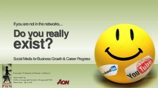Ifyouarenotinthenetworks....
Do you really
exist?
SocialMediaforBusinessGrowth&CareerProgress
European Professional Women´s Network
Sponsored by
AON, a Corporate Partner of EuropeanPWN
Barcelona, April 21th
 