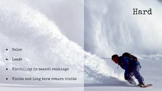● Sales
● Leads
● Visibility in search rankings
● Visits and long term return visits
Hard
 