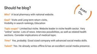 Should he blog?
Who? A local pharmacy with national website.
Goal? Visits and Long term return visits,
Visibility in search rankings, Education
Topic scope? Limited but niche. Website leader in niche health sector. Very
“online” sector. Lots of news. Interview possibilities, as well as related health
sections. Consider implications of medical topic.
Time? Yes, probably. Good sized company with advanced social media skills.
Talent? Yes. He already writes offline & has an excellent social media presence.
(
)
AcmeCo.
 