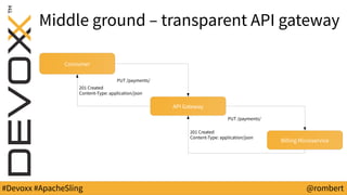 #Devoxx #ApacheSling @rombert
Middle ground – transparent API gateway
API Gateway
Billing Microservice
Consumer
PUT /payments/
PUT /payments/
201 Created
Content-Type: application/json
201 Created
Content-Type: application/json
 