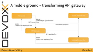 #Devoxx #ApacheSling @rombert
A middle ground – transforming API gateway
API Gateway
Catalog Microservice
Consumer
GET /special-offers
GET /special-offers
200 OK
Content-Type: application/json
200 OK
Content-Type: application/json
Search microservice
GET /search/?q=special
200 OK
Content-Type: application/xml
 