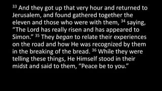 33 And they got up that very hour and returned to
Jerusalem, and found gathered together the
eleven and those who were with them, 34 saying,
“The Lord has really risen and has appeared to
Simon.” 35 They began to relate their experiences
on the road and how He was recognized by them
in the breaking of the bread. 36 While they were
telling these things, He Himself stood in their
midst and said to them, “Peace be to you.”
 